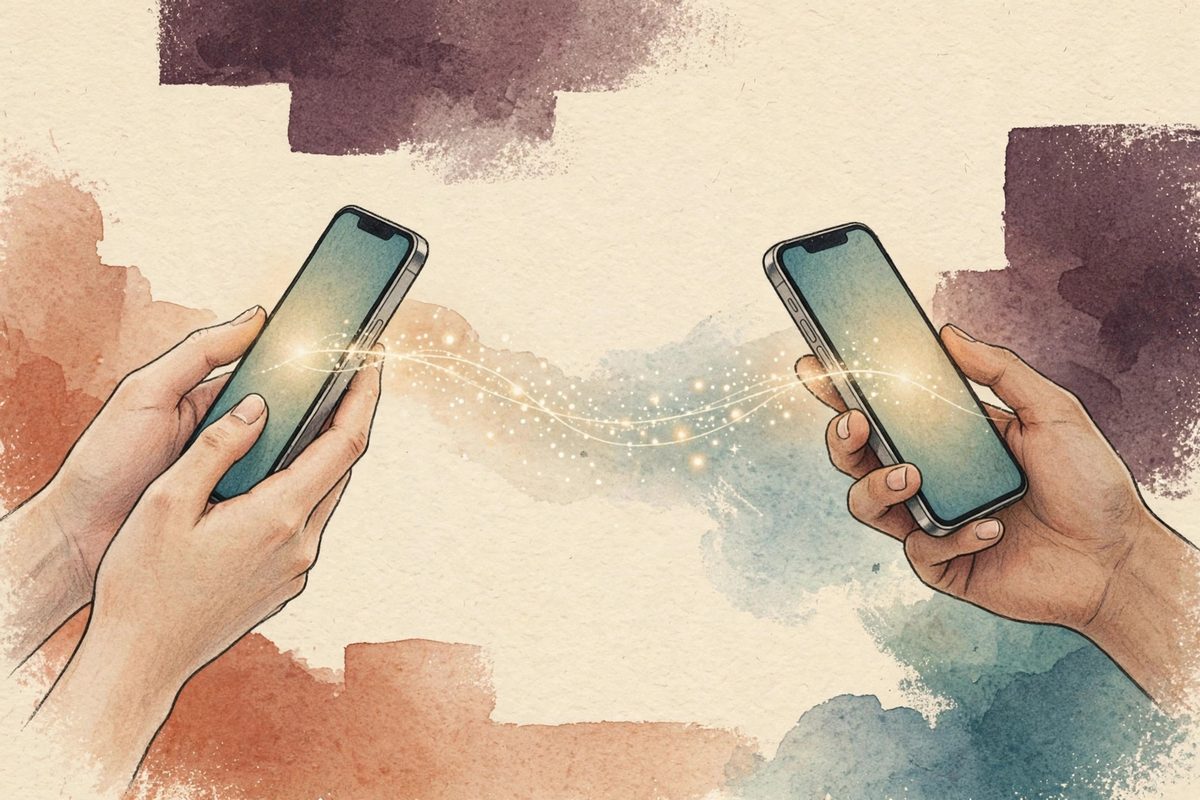 Illustration of two hands holding phones, connected by a thread of light, symbolising a reply between partners