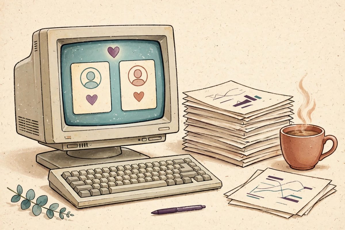 Illustration of a vintage computer showing two dating profile cards with hearts, beside a stack of research papers